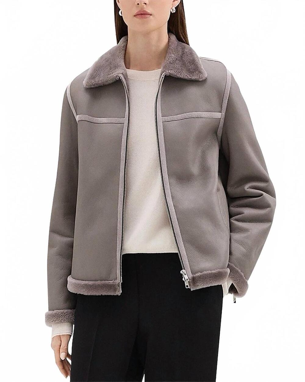 NEW THEORY shearling spread collar jacket in gray